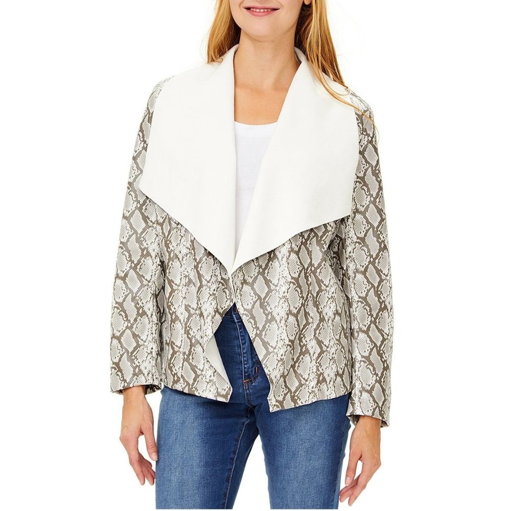 Tahari Gray Snake Print Faux-Leather Open Jacket-M